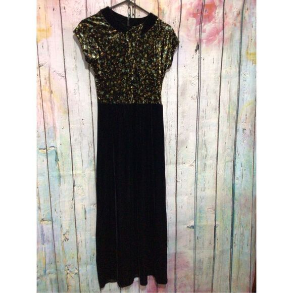 Vintage 90’s BENDIGO IMPRESSIONS VELVET Dress Size Small Funky Maxi Black Multi - Picture 3 of 16